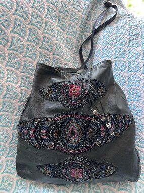 MilleFiori Black Leather Beaded Drawstring Shoulder Bag | Artisan Boho Handcraft